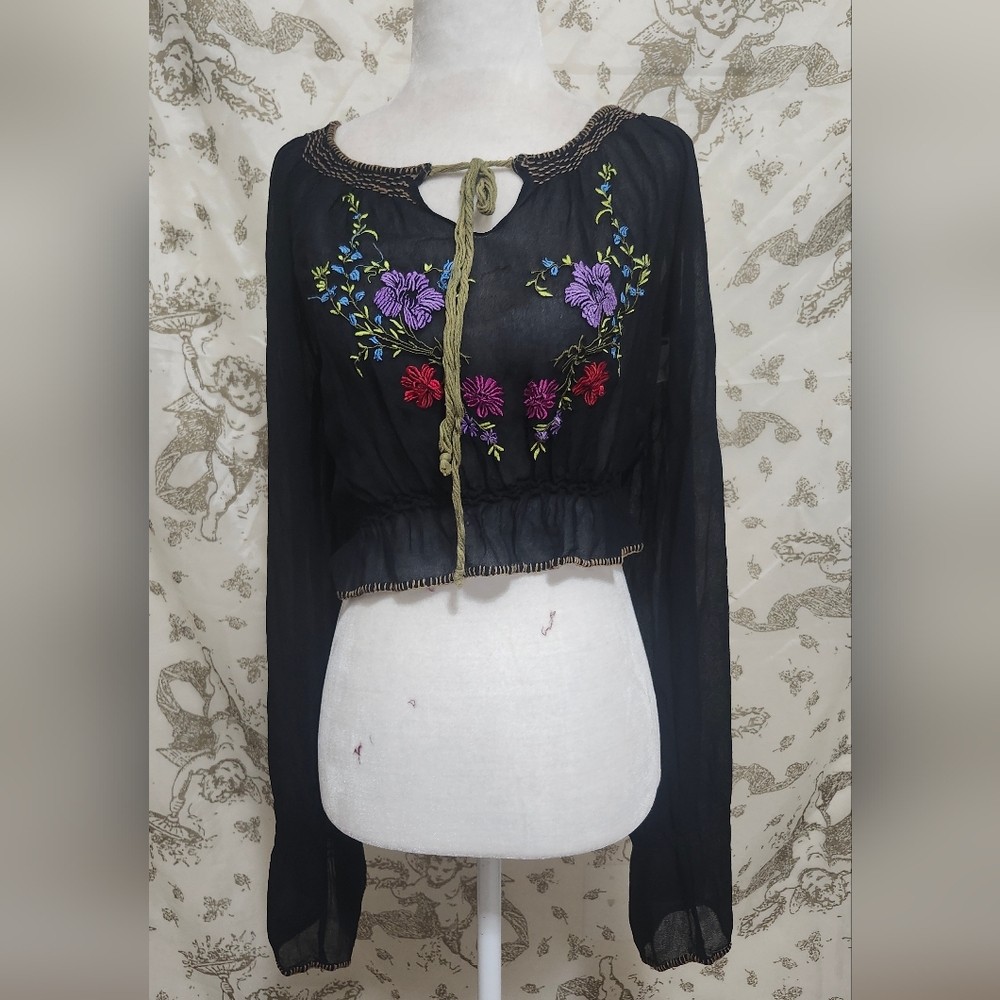 Rare Vintage 90s Boho BETSEY JOHNSON Embroidered Black Blouse with Floral Design